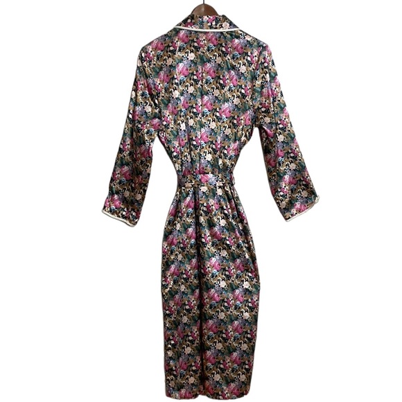 Vintage Robe Women's Medium Pink Floral Satin Shawl Collar Pockets Bows - Picture 2 of 14